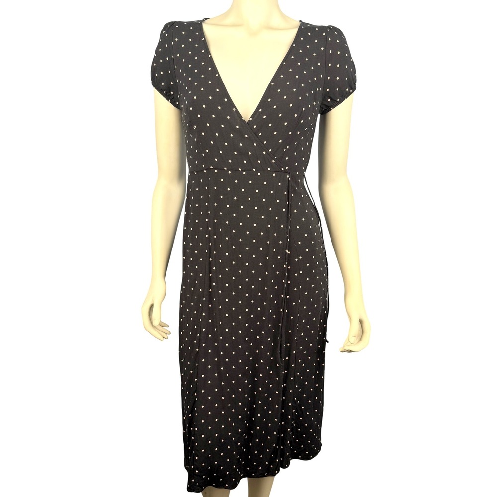 Express Y2K Dress XS Black White Polka Dot Faux Wrap Midi Cap Sleeve VNeck Retro